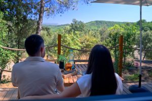 Intérieur de la Tiny House Sainte-Victoire avec fenêtre ouverte sur la nature